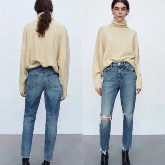 Zara Woman Distressed Jeans Denim Raw Hem High Waisted Skinny Stretch Blue Sz 8 - Picture 1 of 15